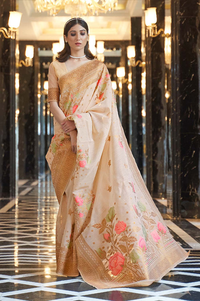 Kabana Cream Linen Woven Saree