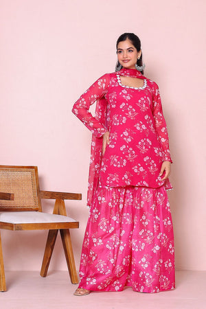 Pink Floral Printed Chiffon Kurti Palazzo Set (20Fuchsia)