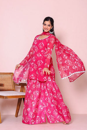 Pink Floral Printed Chiffon Kurti Palazzo Set (20Fuchsia)