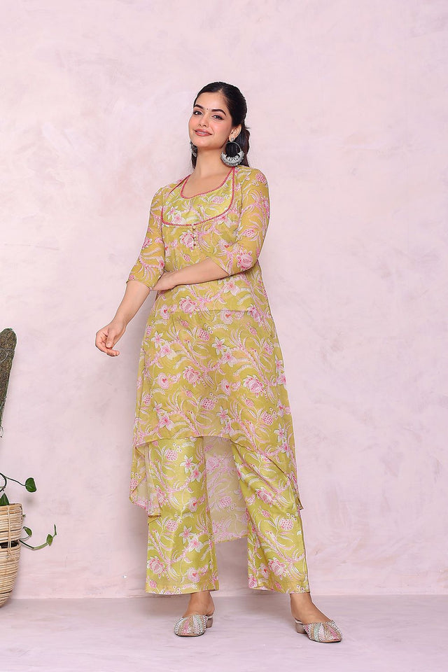 Green Floral Printed Chiffon Kurti Pant Set (21green)