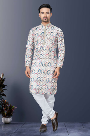 Multi-Color Printed Silk Kurta Pyjama Set