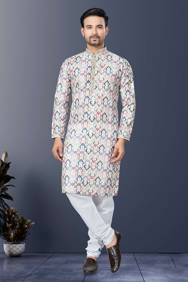 Multi-Color Printed Silk Kurta Pyjama Set