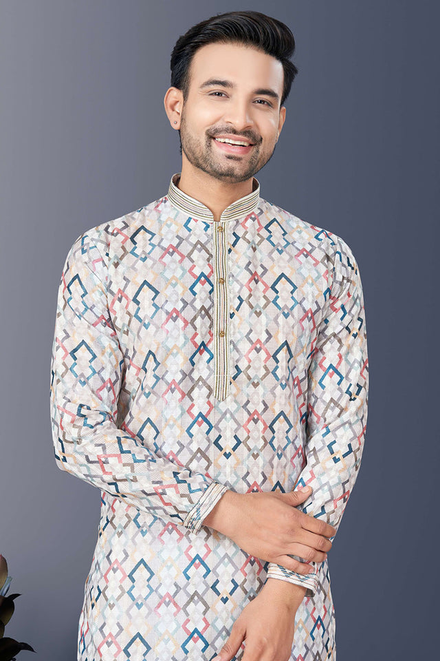 Multi-Color Printed Silk Kurta Pyjama Set