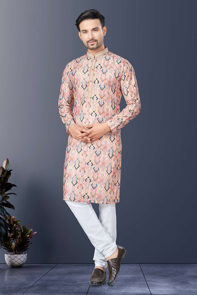 Multi-Color Printed Silk Kurta Pyjama Set