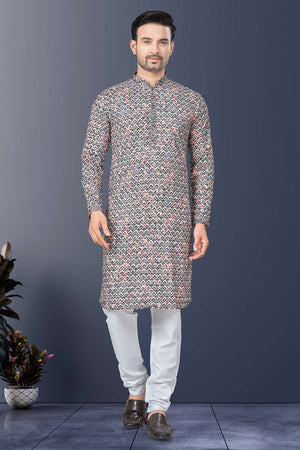 Multi-Color Printed Silk Kurta Pyjama Set