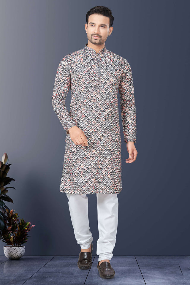 Multi-Color Printed Silk Kurta Pyjama Set
