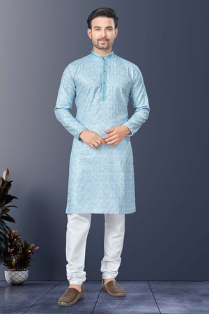 Blue Printed Silk Kurta Pyjama Set