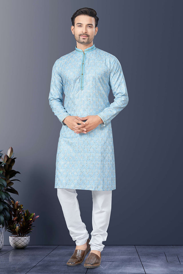 Blue Printed Silk Kurta Pyjama Set