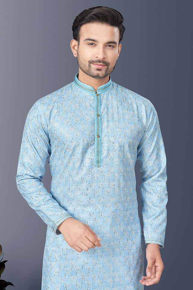 Blue Printed Silk Kurta Pyjama Set