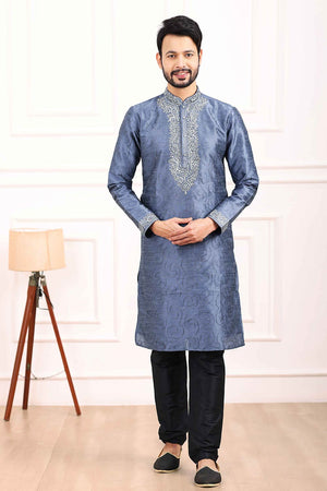 Men's Blue Art Silk Kurta Pajama Set - 34
