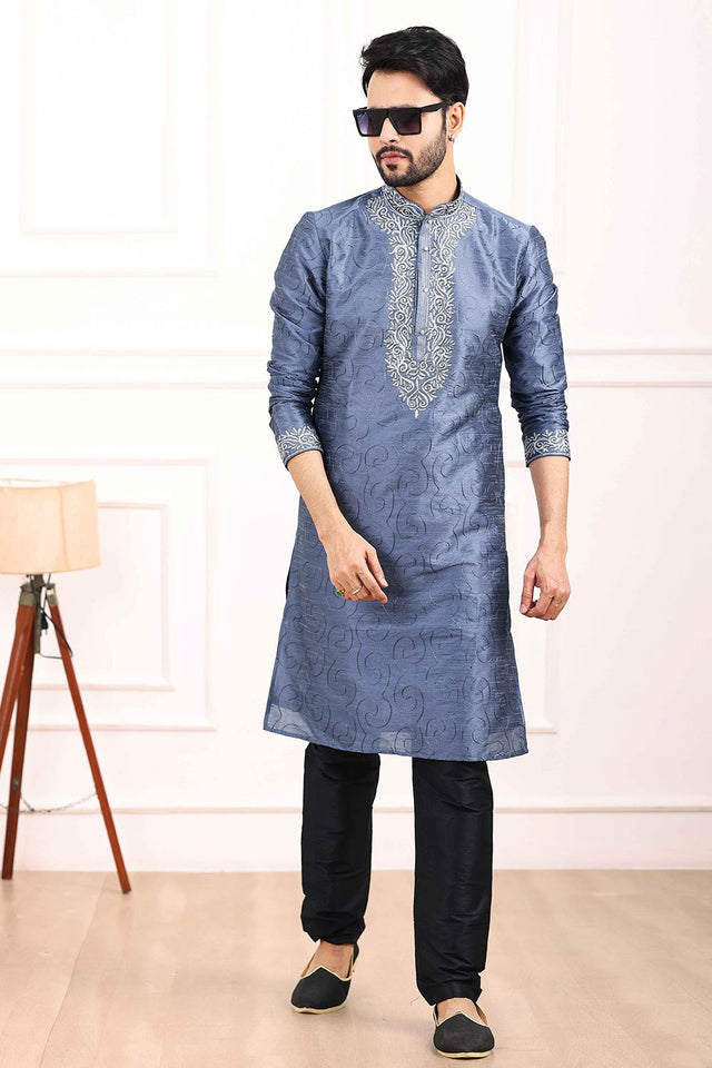 Men's Blue Art Silk Kurta Pajama Set - 34