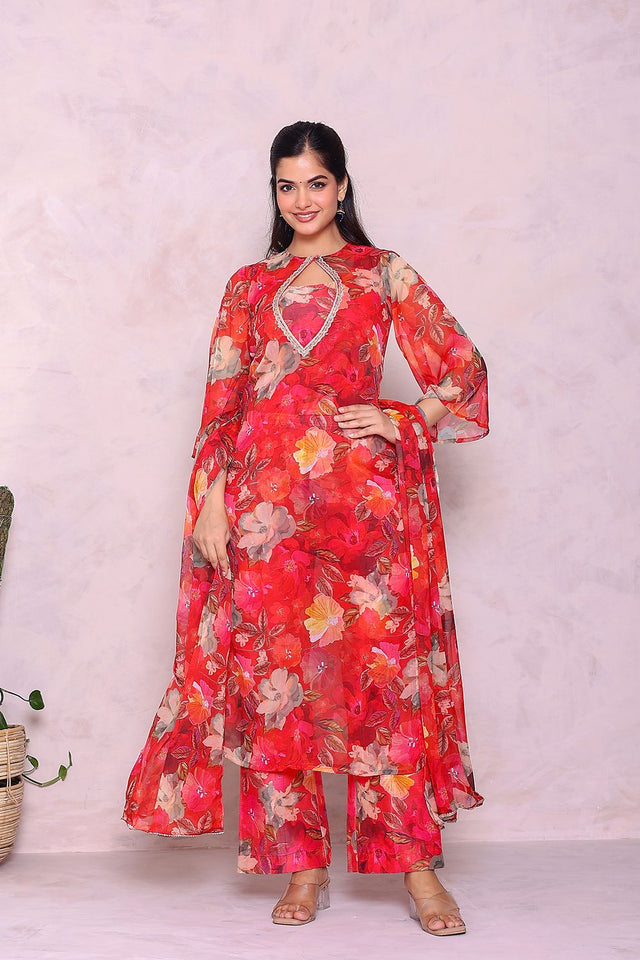 Red Floral Printed Chiffon Kurti Pant Set (22Redchiffon)