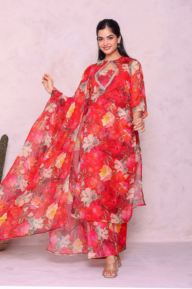 Red Floral Printed Chiffon Kurti Pant Set (22Redchiffon)