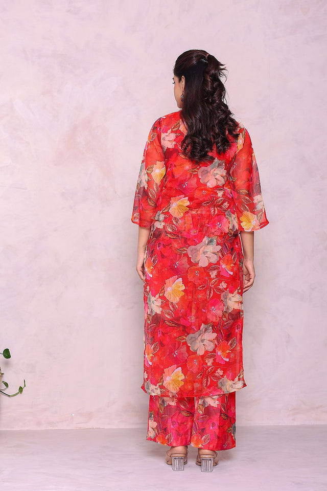 Red Floral Printed Chiffon Kurti Pant Set (22Redchiffon)