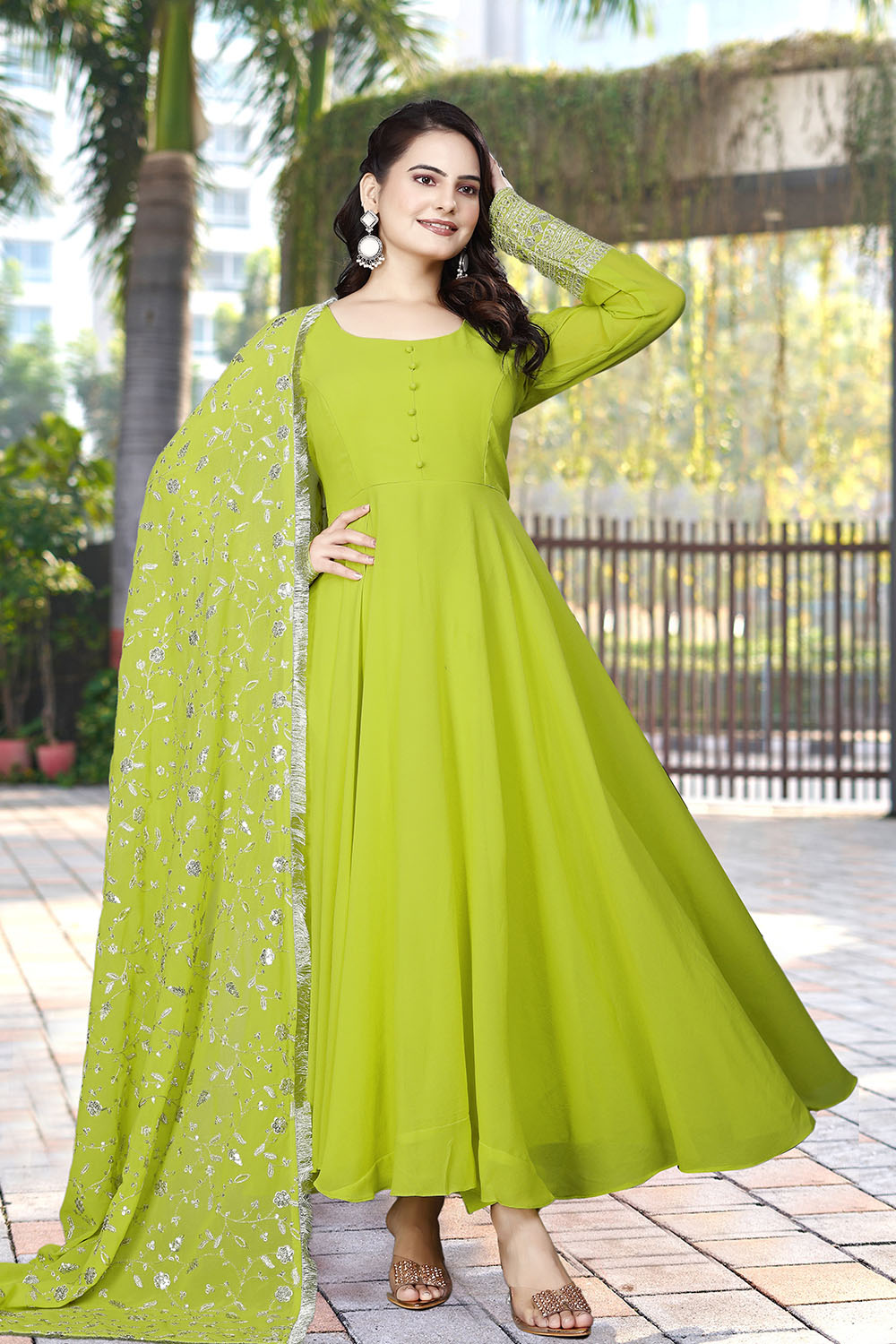 parrot green long dress Women's Parrot Green Color Laheriya Printed Navratri Gown M / Parrot main image 0