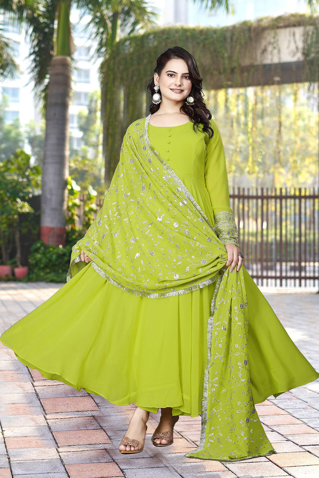 Dark Green Solid Georgette Anarkali Gown Set