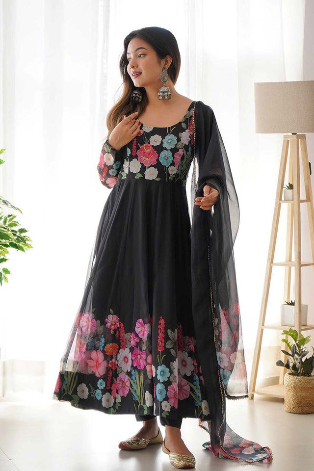 Black Organza Floral Print Full Sleeves Anarkali Suit Set