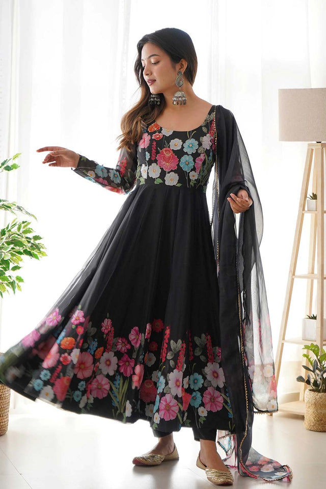 Black Organza Floral Print Full Sleeves Anarkali Suit Set