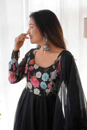 Black Organza Floral Print Full Sleeves Anarkali Suit Set