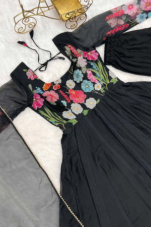 Black Organza Floral Print Full Sleeves Anarkali Suit Set