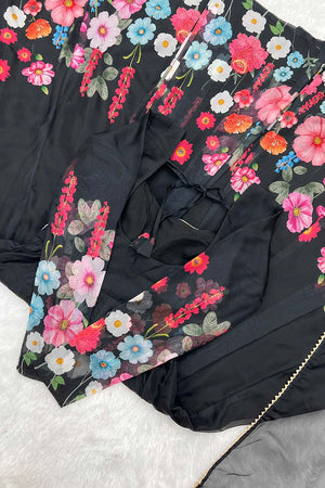 Black Organza Floral Print Full Sleeves Anarkali Suit Set