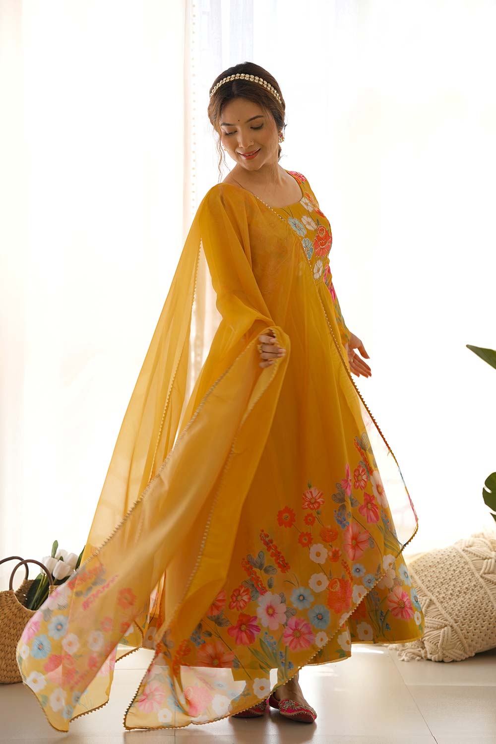 Yellow Printed Organza Anarkali Suit Set (25-Mustard-AFNKB), XXL