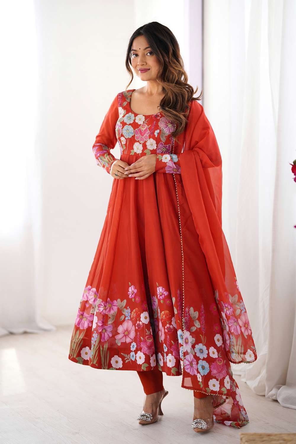 anarkali dress orange Floral Printed Organza Suit Set (25-Orange-AFNKB) – KARMAPLACE Women's Gray Dresses | An elegant choice for HARD-TAGGED-MA-08.22.25 Color:Peacock Emerald