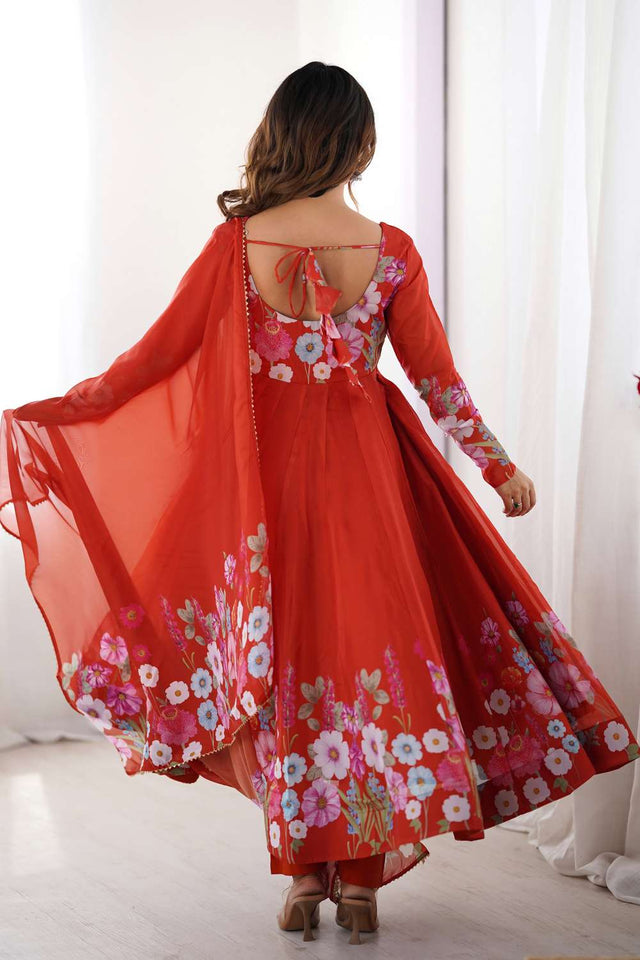 Orange Floral Printed Organza Anarkali Suit Set