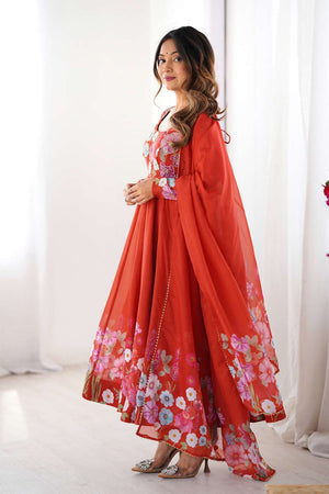 Orange Floral Printed Organza Anarkali Suit Set