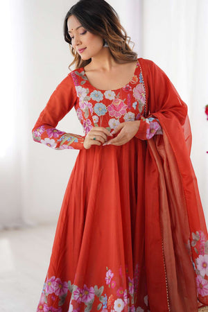 Orange Floral Printed Organza Anarkali Suit Set