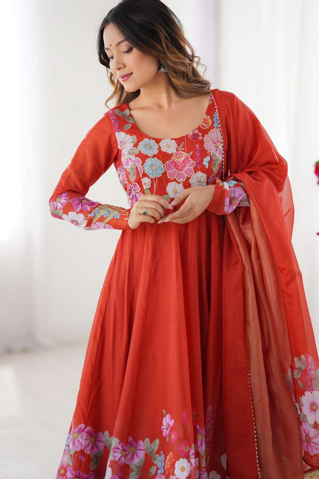 Orange Floral Printed Organza Anarkali Suit Set