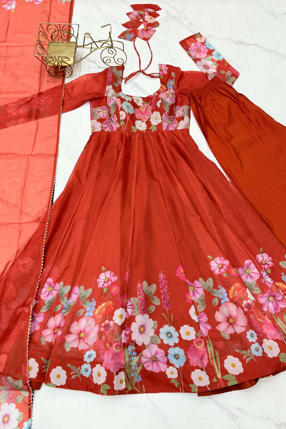 organza anarkali dress designs Orange Floral Printed Organza Anarkali Suit Set (25-Orange-AFNKB)