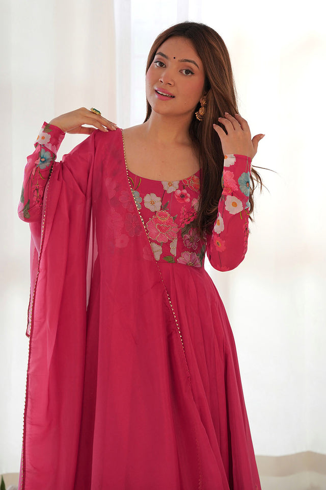 Pink Solid Organza Anarkali Gown Set