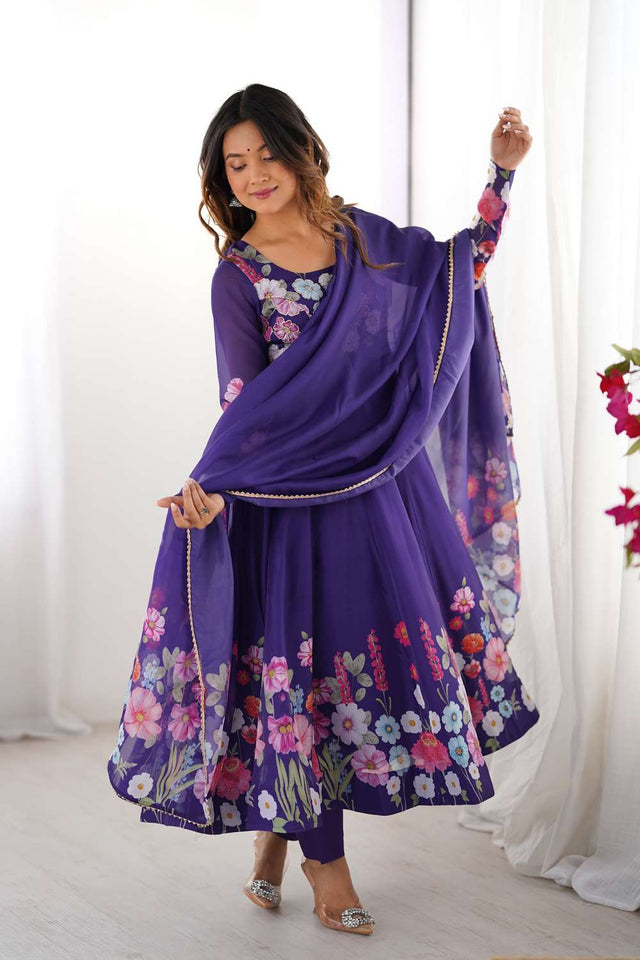 Violet Floral Printed Organza Anarkali Suit Set