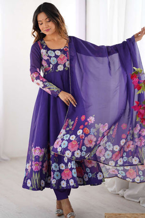 Violet Floral Printed Organza Anarkali Suit Set