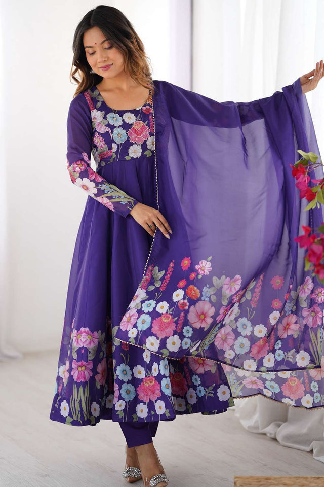 Violet Floral Printed Organza Anarkali Suit Set