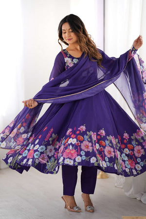 Violet Floral Printed Organza Anarkali Suit Set