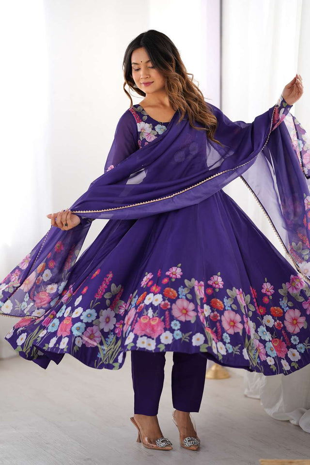 Violet Floral Printed Organza Anarkali Suit Set