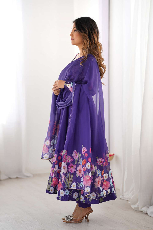 Violet Floral Printed Organza Anarkali Suit Set