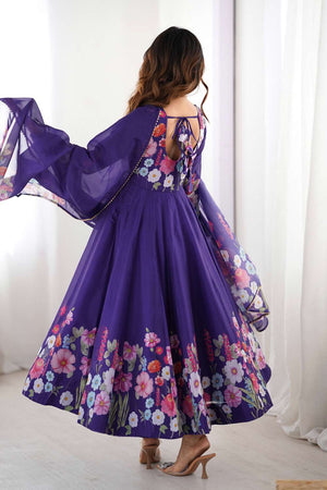 Violet Floral Printed Organza Anarkali Suit Set