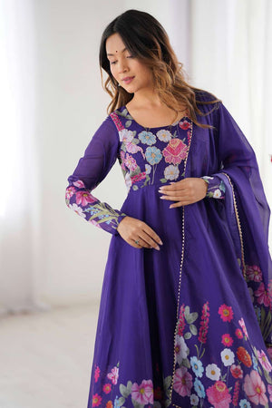 Violet Floral Printed Organza Anarkali Suit Set