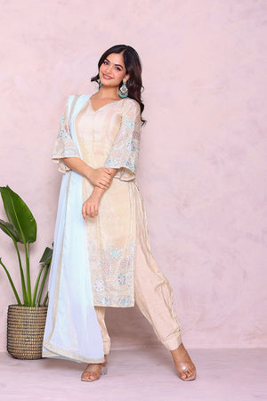 Off White Embroidered Tissue Kurti Pant Set (25Shimmer)