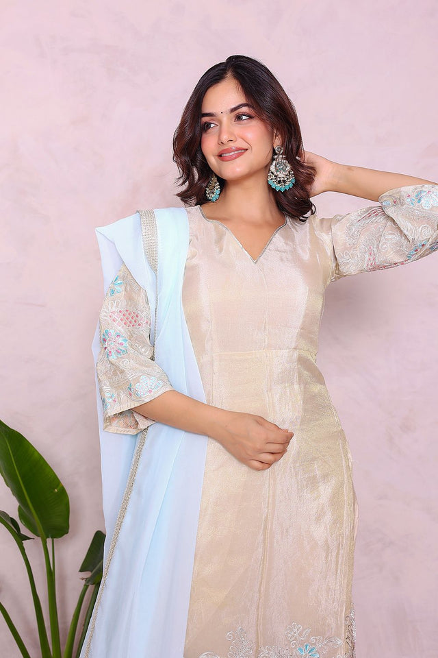 Off White Embroidered Tissue Kurti Pant Set (25Shimmer)