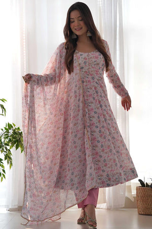 Pink Chiffon Floral Print Anarkali Kurti With Dupatta And Pant