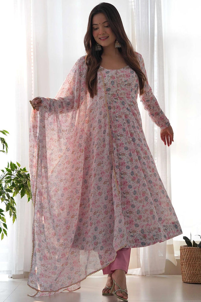 Pink Chiffon Floral Print Anarkali Kurti With Dupatta And Pant