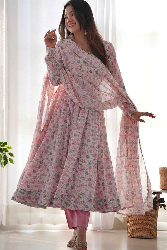 Pink Chiffon Floral Print Anarkali Kurti With Dupatta And Pant