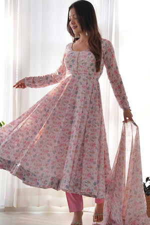 Pink Chiffon Floral Print Anarkali Kurti With Dupatta And Pant