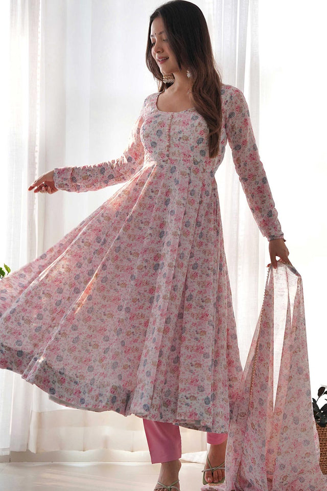 Pink Chiffon Floral Print Anarkali Kurti With Dupatta And Pant