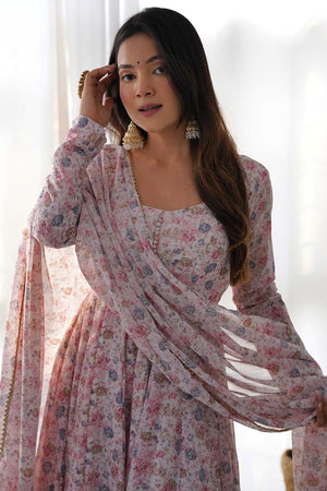 Pink Chiffon Floral Print Anarkali Kurti With Dupatta And Pant