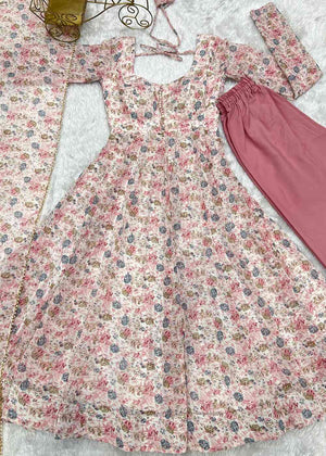 Pink Chiffon Floral Print Anarkali Kurti With Dupatta And Pant
